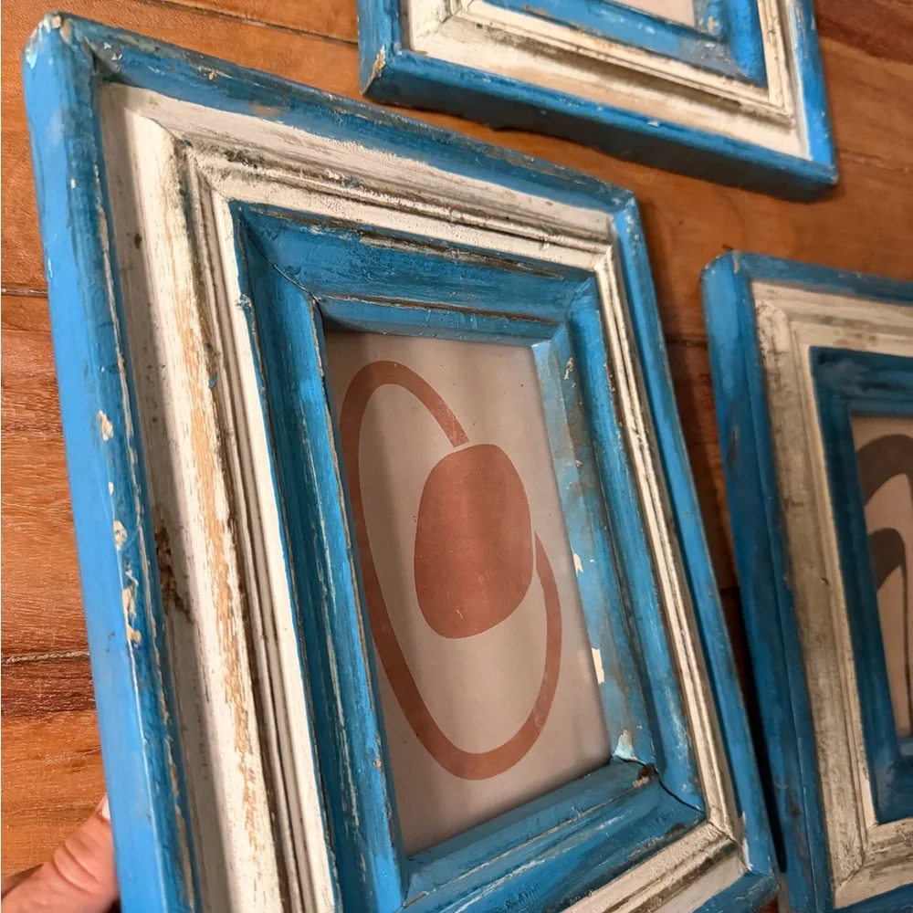 Set of 3 Distressed Blue & White Wood Picture Frames - Coastal Cottage Decor